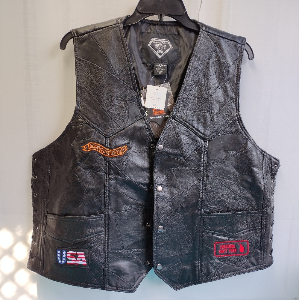 Diamond Plate Buffalo Mens Leather Vest Embroidered Patches 2X New